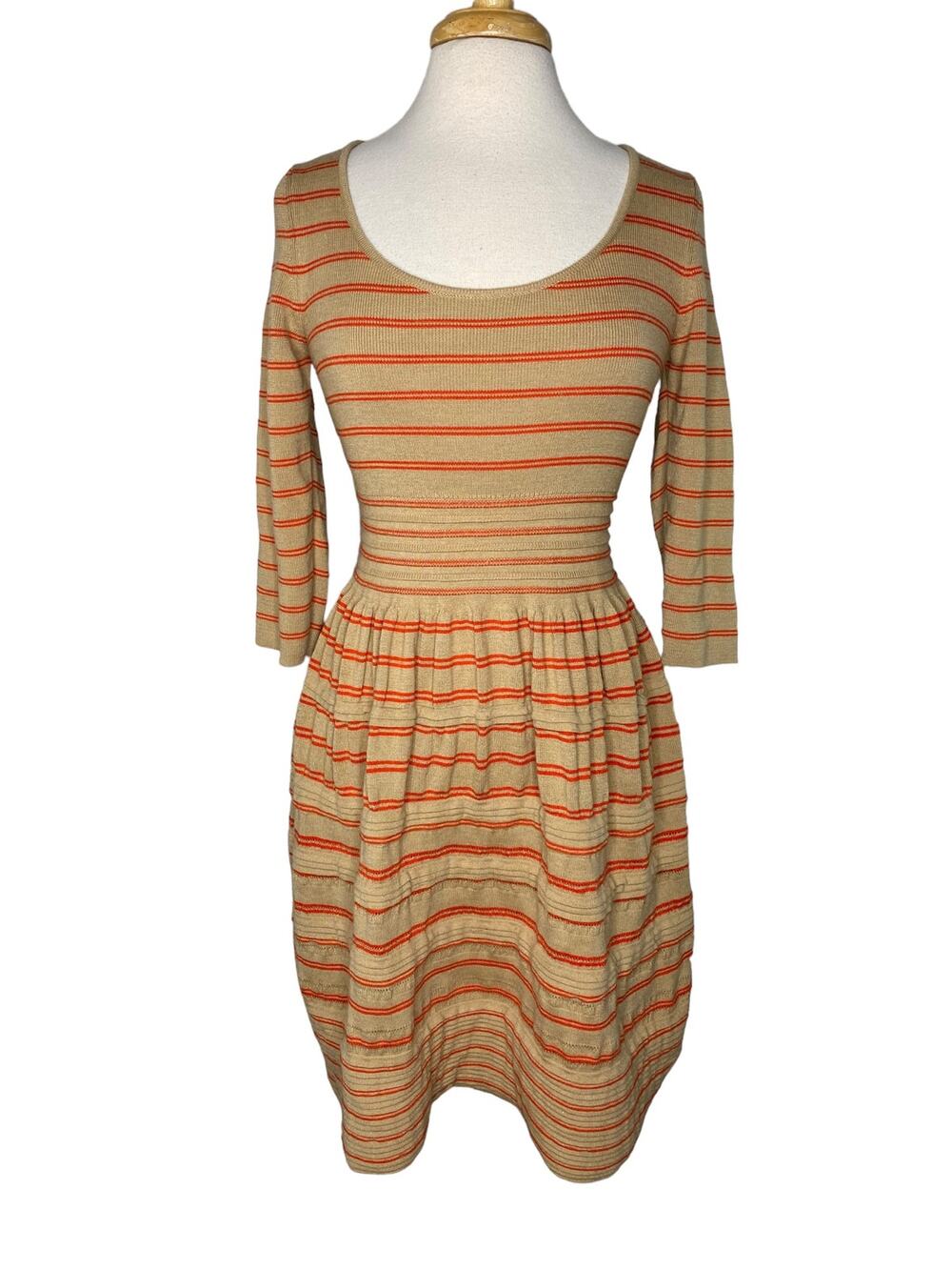 Anthropologie Beige and Orange Striped Long-Sleeve Dress